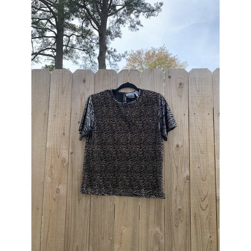 Vintage The Villager Blouse Womens petite medium Short Sleeve fall Silver zebra